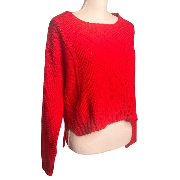 Delias Size Medium Red Crop Cable Knit Sweater High Low Hem Wide Neck Soft Y2K - Picture 1 of 7